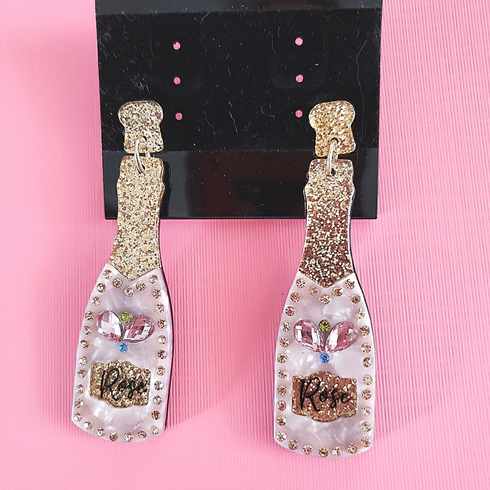 Gold and Pink Champagne Bottle Drop Earrings - Women Jewelry Earrings